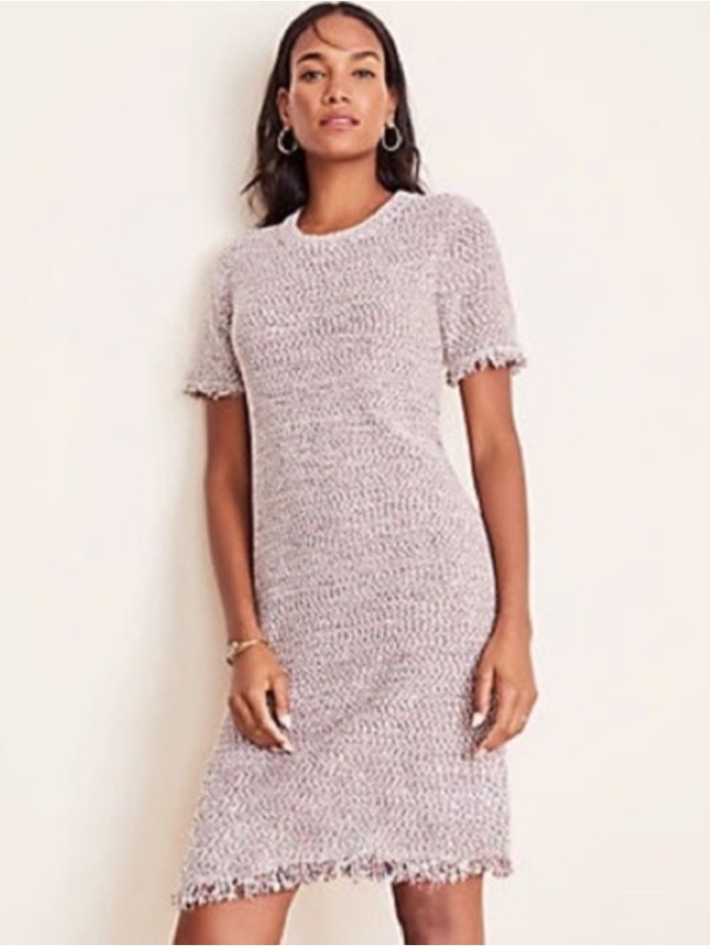 Ann Taylor Fringe Tweed Short Sleeve Sweater Dress, Large